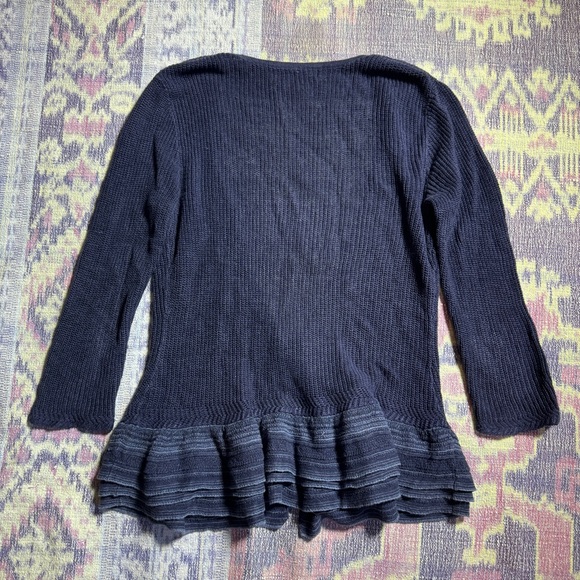 Lauren Ralph Lauren Womens Linen Cardigan Sweater Knit Ruffle Hem in Navy Blue - Picture 2 of 10